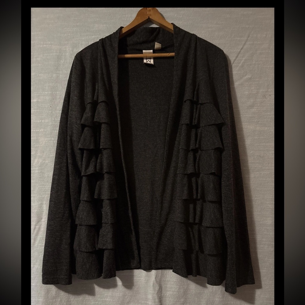 Mark Bouwer Open Cardigan Long Sleeve Ruffled Dark Gray Women’s Sz M